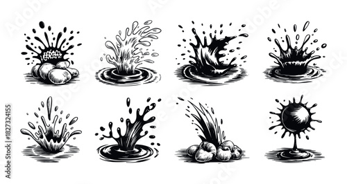 Collection of dynamic ink splashes and liquid splatters for impactful graphic applications, perfect for motion graphics and product promotions.