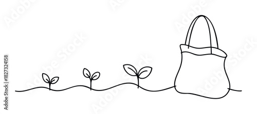 Simple line drawing shows progression from small plant sprouts to a tote bag, symbolizing growth, shopping, and sustainability, perfect for ecofriendly or retail themes.