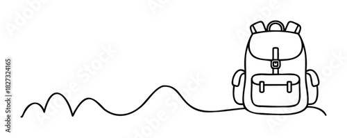 Minimalist line drawing of a backpack with a wavy line suggesting a path for travel or adventure concepts, perfect for journey themes and outdoor activities.
