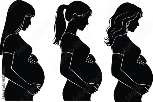 Pregnant woman silhouette illustration set, black vector, side profile poses, maternity theme, prenatal care, motherhood artwork