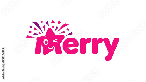 Winking star 'merry' text, vibrant pink, festive confetti burst