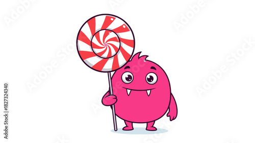 Adorable pink monster character with a huge red swirl lollipop