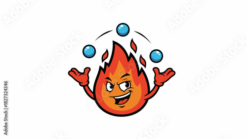 Juggling fire character balances water drops in playful cartoon