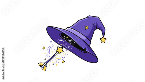 Enchanted wizard hat and magic wand creating sparkling magic