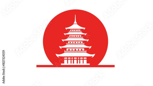 Japanese pagoda temple silhouette icon in bold red sun circle