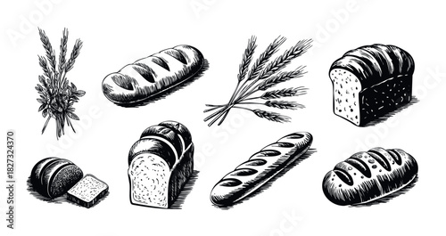 Hand drawn collection of various baked bread products and wheat ears, perfect for food industry marketing, bakery promotions, and recipe illustrations.