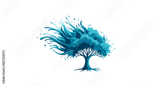 Abstract blue tree with flowing artistic paint splatter design