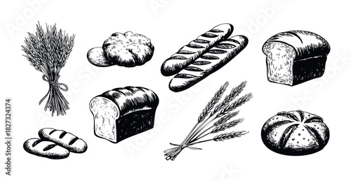 Collection of handdrawn baked goods and wheat ears, perfect for foodrelated themes, menus, or culinary publications.