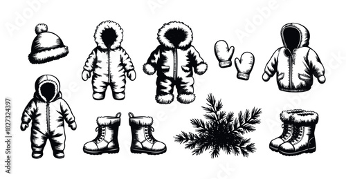 Collection of winter clothing and accessories for children, including a hat, snowsuits, mittens, boots, and pine branches, perfect for cold weather campaigns and seasonal promotions