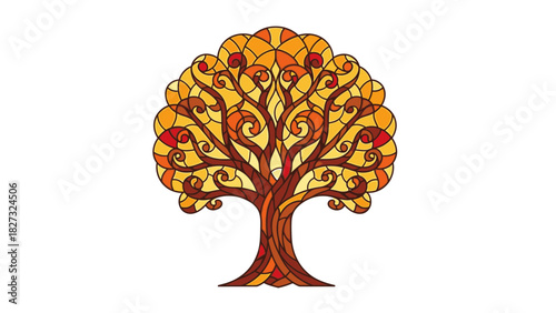 Stained glass style tree, warm autumn colors, intricate design art.