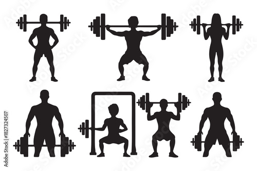 Collection of male weightlifters performing various strength training exercises silhouette