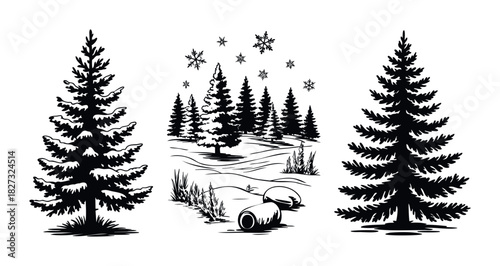 Winter forest scene with snowcovered fir trees, snowflakes, and natural elements, perfect for seasonal promotions and holiday themes