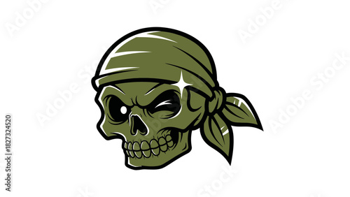 Olive green stylized pirate skull with bandana mascot vector