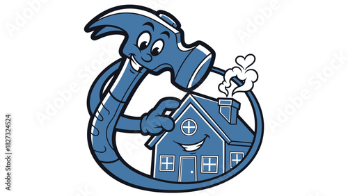 Happy hammer hugging house logo for home construction service