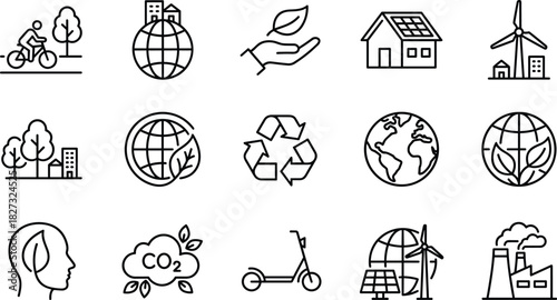 Set of Black Line Icons for Ecology, Global Environment, Recycling, Green Energy, Sustainable Living, CO2 Reduction, and Nature Protection