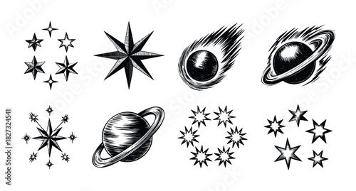 Collection of Hand Drawn Celestial Bodies and Stars in a Scratchy Style Representing Space and Cosmos Themes for Various Graphic Applications