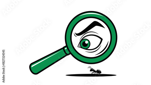 An eye in a magnifying glass observes a tiny ant with precision