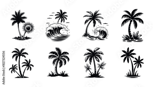Collection of tropical palm trees with ocean waves and sun graphics for summer vacation and beach themes, perfect for apparel and print media applications.