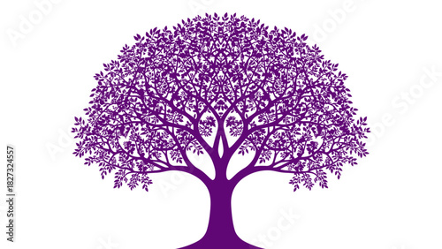 Elegant purple tree silhouette on white, dense leafy design.