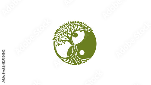 Green tree of life within yin yang symbol, illustrating harmony