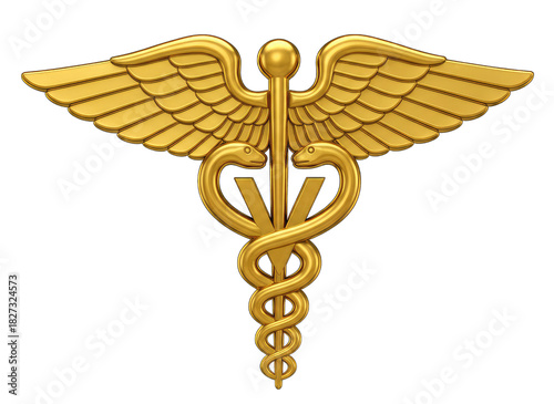 Golden Caduceus Medical Symbol with Wings and Snakes on a Black Background Representing Healthcare and Medicine