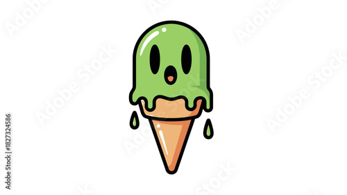 Chilling green ghost ice cream cone melting, vector illustration art