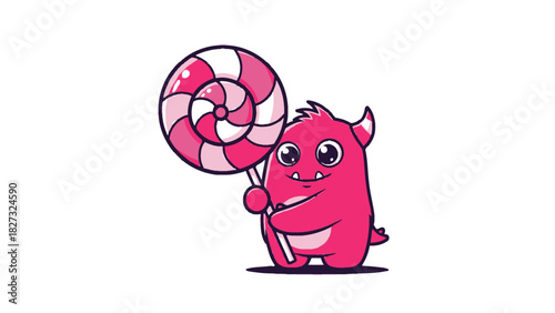 Cute pink cartoon monster character proudly holding a lollipop