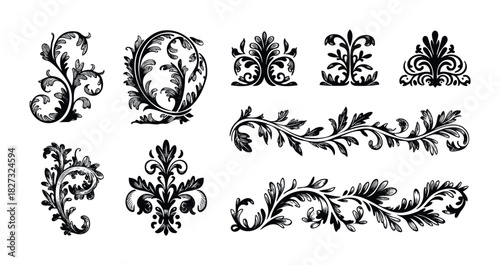 Elegant vintage ornamental scrollwork and flourishes evoking classic baroque and rococo styles for decorative applications and graphic embellishment projects