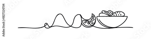 Minimalist continuous line drawing of a wavy line leading to a sliced citrus fruit and a bowl filled with fresh produce for healthy eating and cuisine concepts