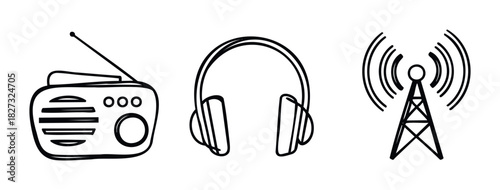 Doodle style icons of a radio, headphones, and antenna tower represent communication and audio broadcasting for media related projects and concepts.