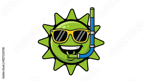 Cheerful green sun character with snorkel and sunglasses icon.