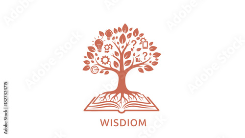 Wisdom tree with knowledge icons, growth, and learning from book