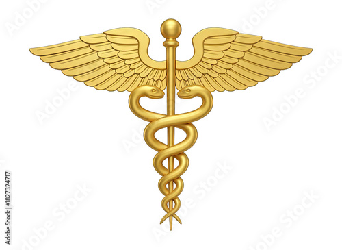 Golden Caduceus Medical Symbol with Wings and Snakes on Black Background Health Care And Medicine Concept