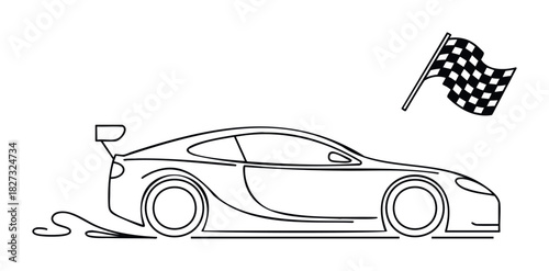 Sportscar speeding towards checkered flag with motion blur suggesting victory and a triumphant finish in a racing competition for automotive enthusiasts