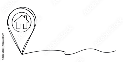 Minimalist line drawing of a house icon within a location pin symbol, representing home finding or real estate services, perfect for property search websites and mapping applications.