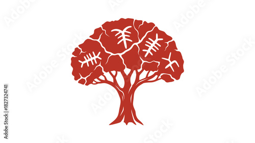 Abstract red tree illustration with symbolic marks on branches