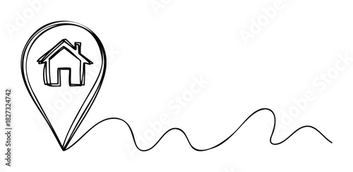 Hand drawn location pin icon with house symbol and winding line, representing home finding and navigation concepts for real estate or travel applications.
