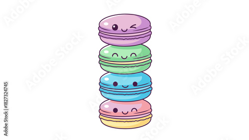 Stacked colorful kawaii macarons with happy faces. cute dessert.