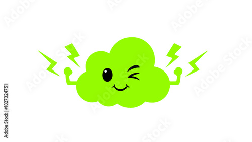 Energetic green cloud mascot winking with flexing arms showing power