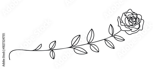 Elegant black outline drawing of a single rose with delicate leaves on a stem, perfect for decorative accents and floral motifs in graphic creation projects.