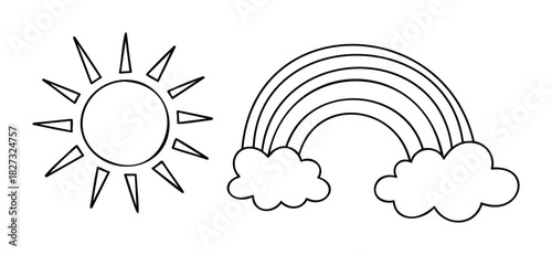 Line drawing of a sun with triangular rays and a rainbow arching over two clouds, perfect for weather themes and childrens content, conveying optimism and nature.