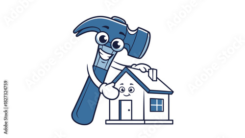 Friendly hammer character embracing a small happy house icon