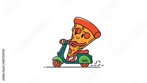 Pizza slice character happily riding a scooter for fast delivery