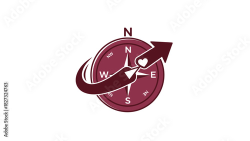 Compass logo with arrow, heart, symbolizing travel, love, guidance