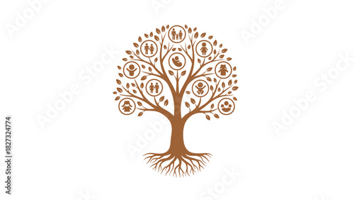 Family tree with diverse generational icons showing life stages.