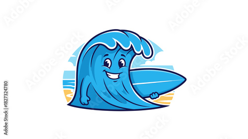 Smiling blue cartoon ocean wave character holding a surf board