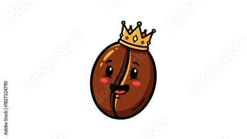 Cheerful coffee bean character with golden crown illustration