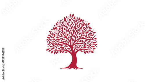 Stylized red tree illustration, dense foliage, life, growth.