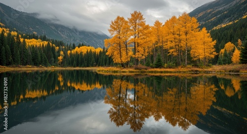 Golden autumn trees reflected in a calm lake, with misty mountains behind