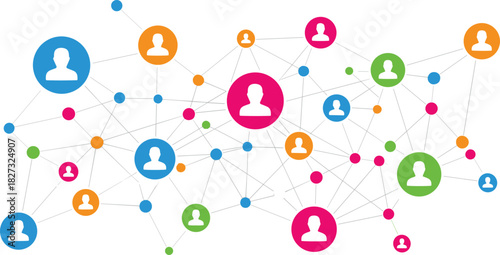 Social connection network diagram, user nodes, relationship map, colored circles, data visualization, vector artwork, white background